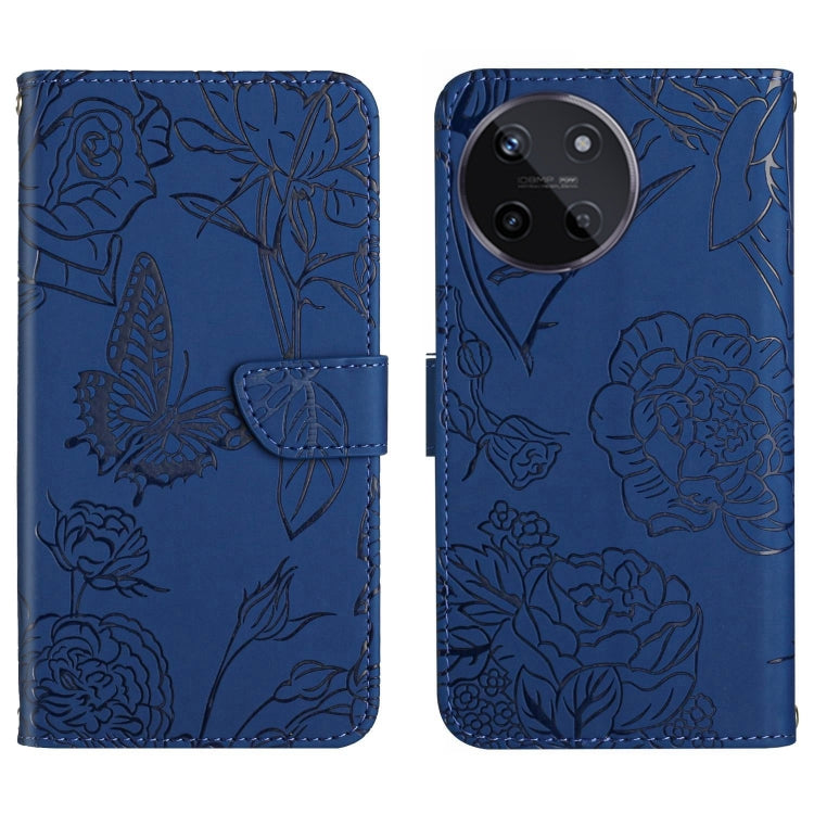 Blue flip phone case with embossed butterfly-and-flower pattern, card slot, strap