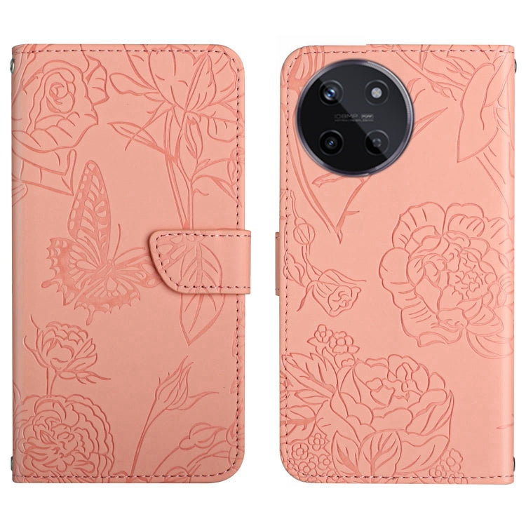 Pink flip phone case with embossed butterfly-and-flower pattern, card slot, strap