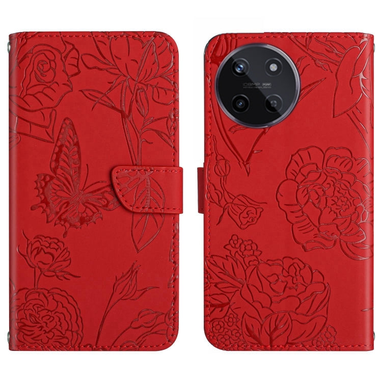 Butterfly embossed flip leather phone case in red with card holder flap and stitched edges