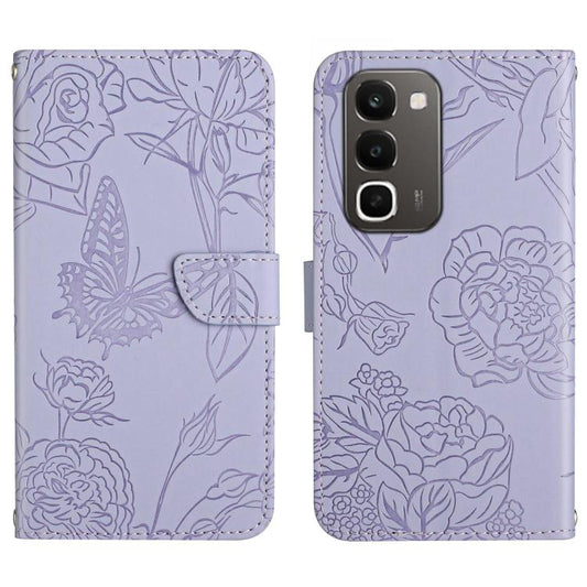 Purple butterfly embossed flip phone case with magnetic flap and card holder