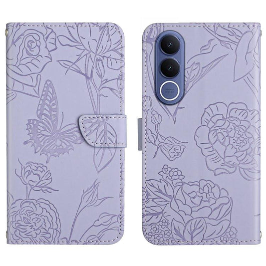 Purple butterfly embossed flip leather phone case with magnetic flap and card slot panel