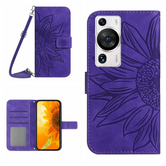 Dark purple embossed flower flip phone case with lanyard strap and card slots