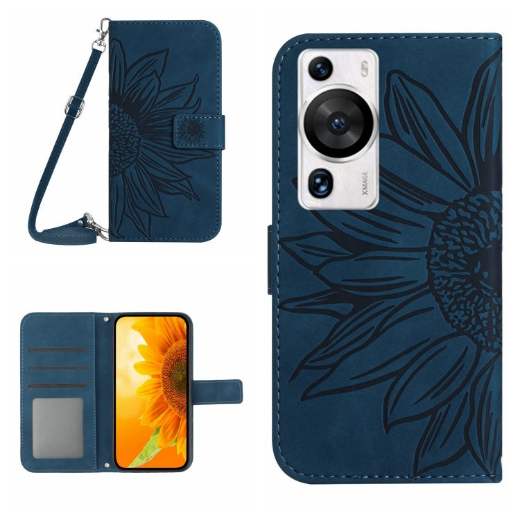 Inky blue embossed flower flip phone case with lanyard strap and card slots