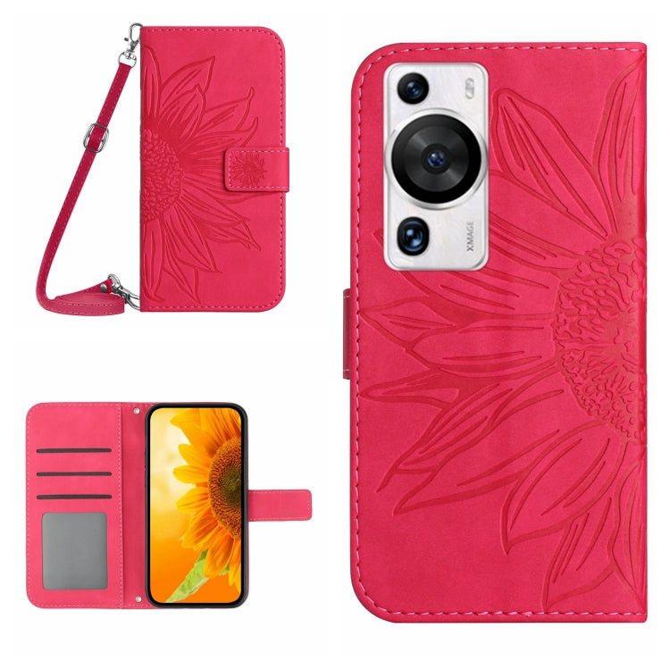 Rose red embossed flower flip phone case with lanyard strap and card slots