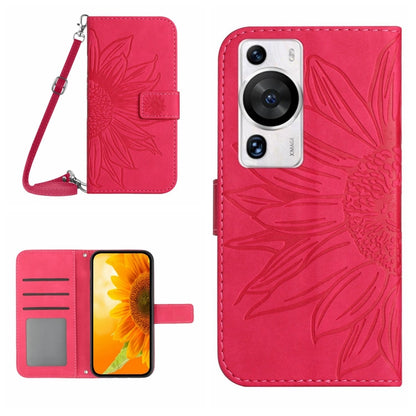 Rose red embossed flower flip phone case with lanyard strap and card slots