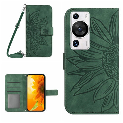 Green embossed flower flip phone case with lanyard strap and card holder window