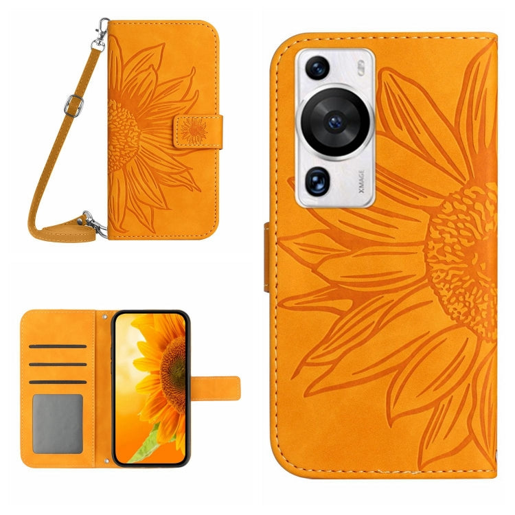 Sunflower embossed flip leather phone case with card holder and lanyard, orange
