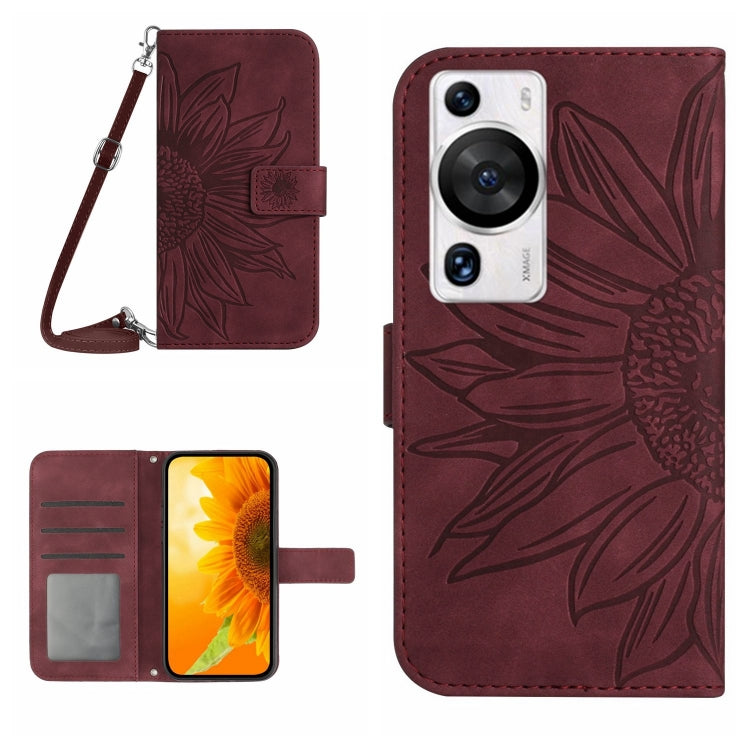 Sunflower embossed flip leather phone case with card holder and lanyard, dark purple