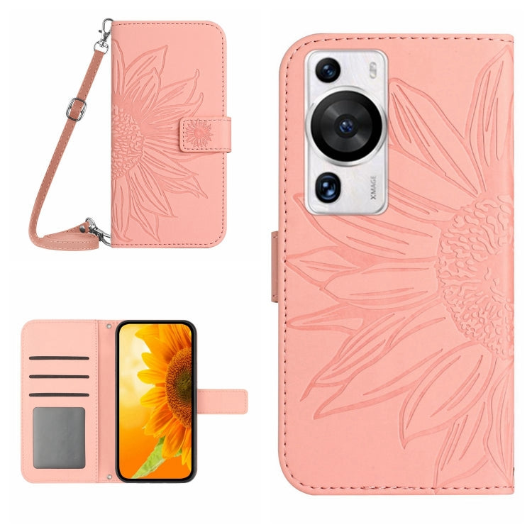 Sunflower embossed flip leather phone case with card holder and lanyard, pink