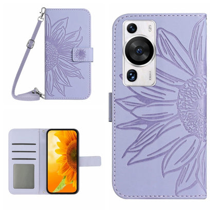 Sunflower embossed flip leather phone case with card holder and lanyard, lavender