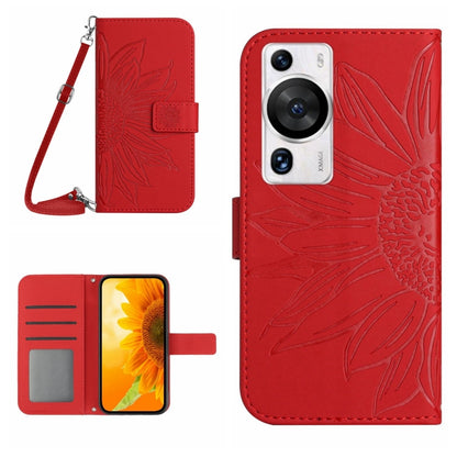 Sunflower embossed flip leather phone case with card holder and lanyard, red