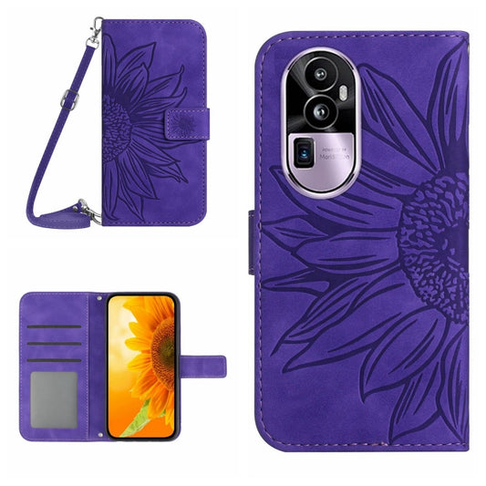 Dark purple embossed sunflower flip phone case with lanyard and card slots