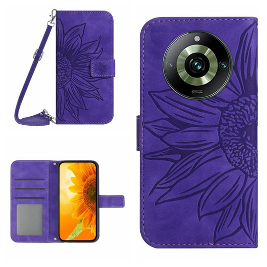 Dark purple flip leather phone case with embossed flower pattern and wrist lanyard