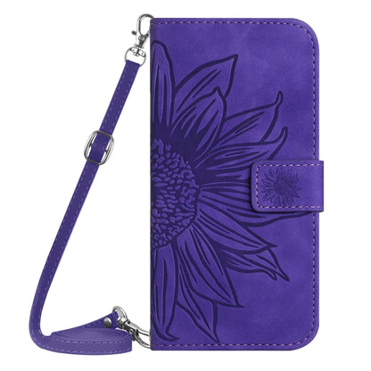 Dark purple wallet flip phone case with embossed flower leaves and crossbody lanyard