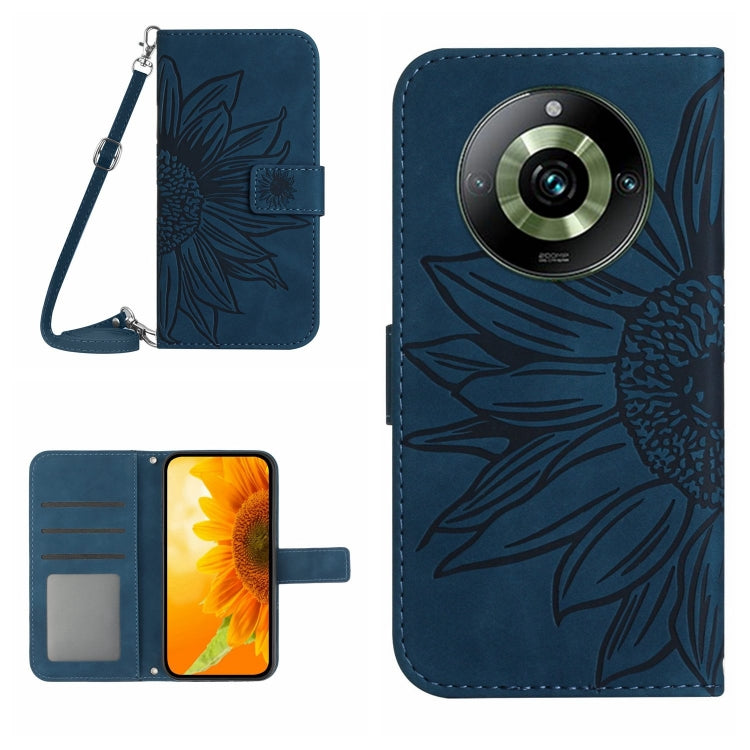 Inky blue flip leather phone case with embossed flower pattern and wrist lanyard