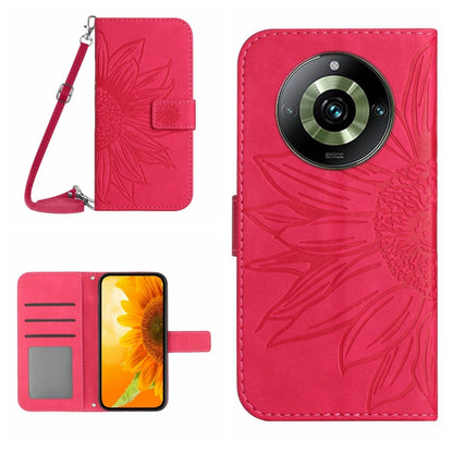 Rose red flip leather phone case with embossed floral pattern and wrist lanyard