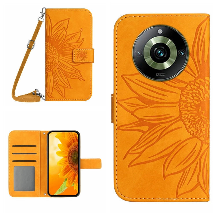 Embossed flower flip leather phone case with lanyard, orange with card slot