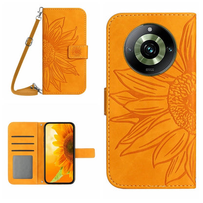 Embossed flower flip leather phone case with lanyard, orange with card slot