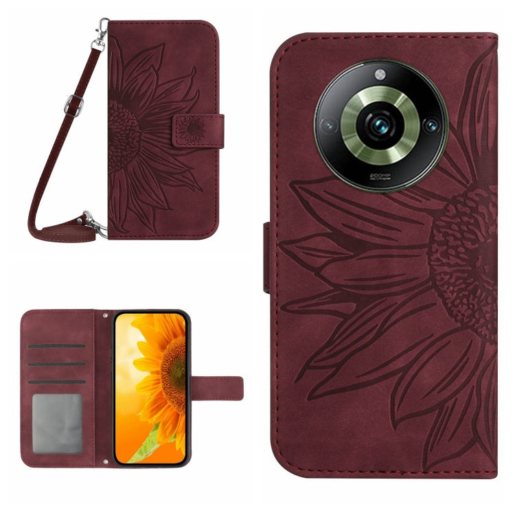 Embossed flower flip leather phone case with lanyard, dark red with card slot