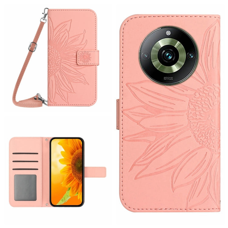 Embossed flower flip leather phone case with lanyard, pink with card slot
