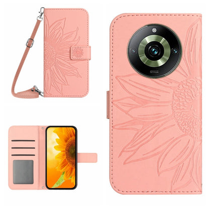 Embossed flower flip leather phone case with lanyard, pink with card slot