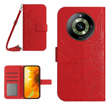 Embossed flower flip leather phone case with lanyard, red with card slot
