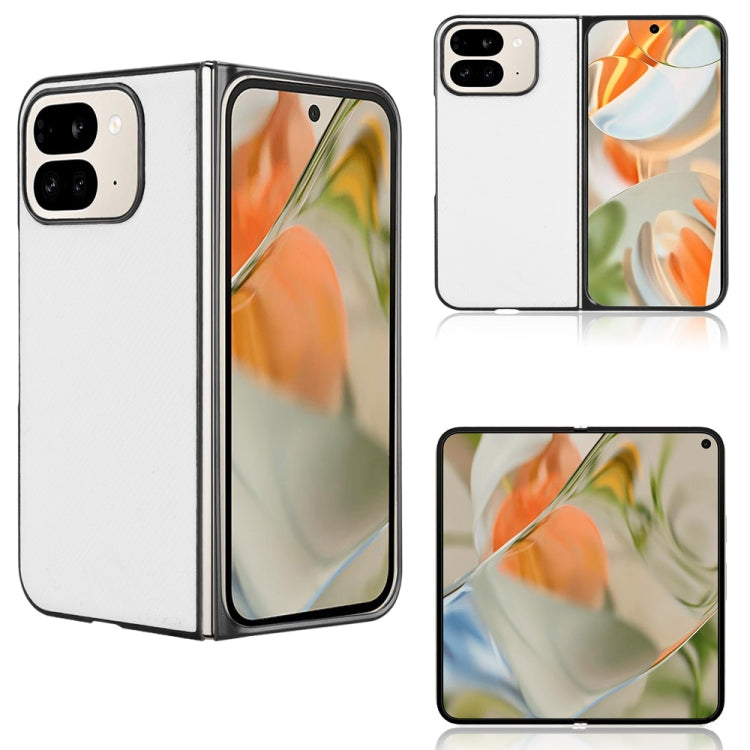 White PU leather fold phone case with camera cutouts and clear front panel