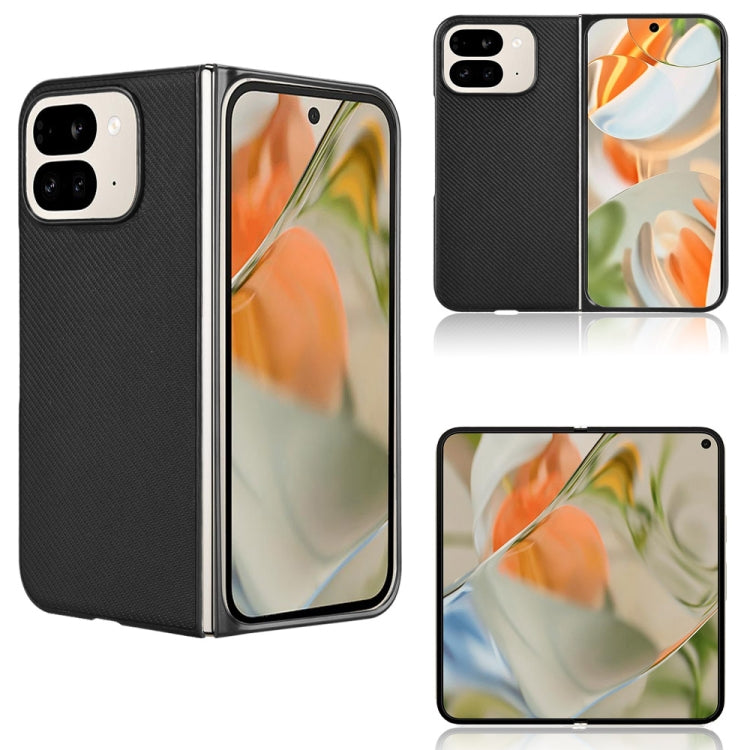 PU leather fold phone case with textured finish, black, showing open hinge and camera cutouts