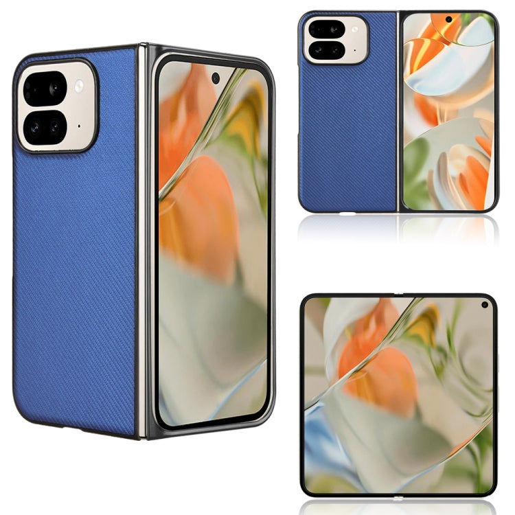 PU leather fold phone case with textured finish, blue, showing open hinge and camera cutouts