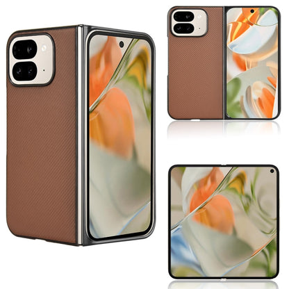 PU leather fold phone case with textured finish, brown, open hinge and camera cutouts