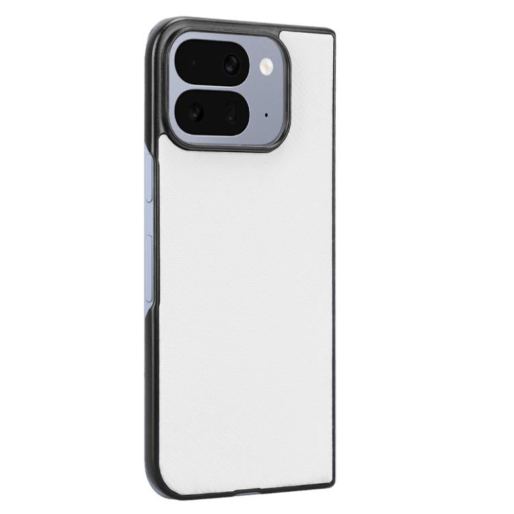 White PU leather phone case with camera cutout and dark bumper edges