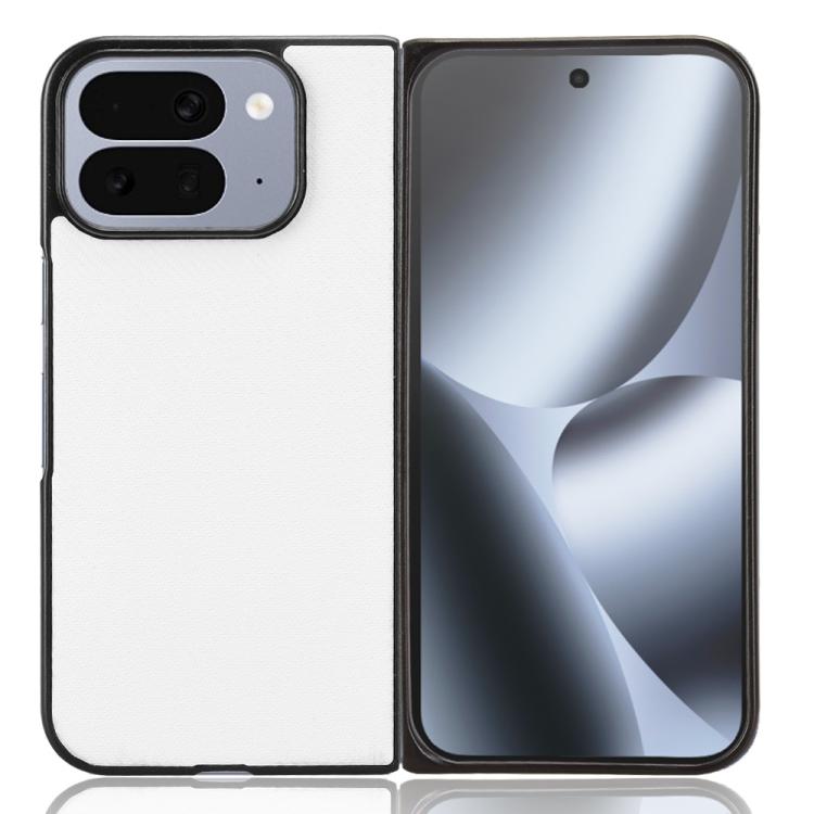 White PU leather fold phone case with camera cutout and hinged front cover