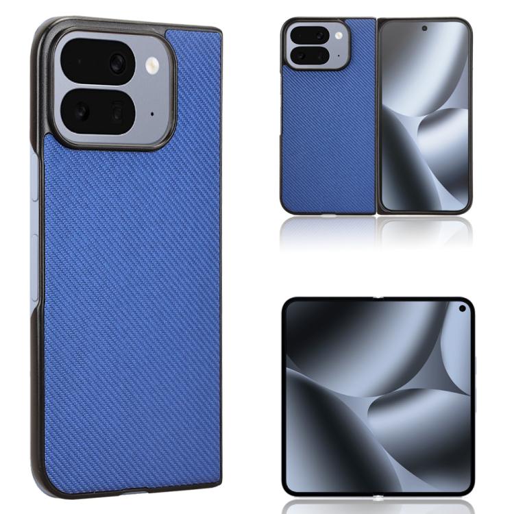 Blue PU leather phone case with textured finish and camera cutouts