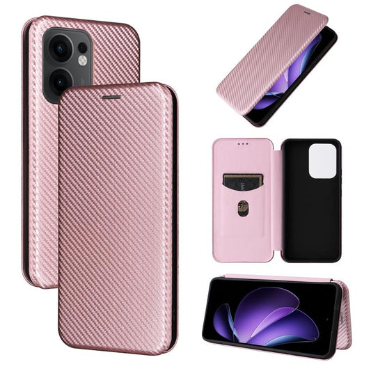 Pink carbon fiber texture flip phone case with card slot, shown with phone front and back.
