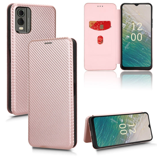 Pink carbon-fiber texture flip phone case with magnetic closure and card slot cutout.