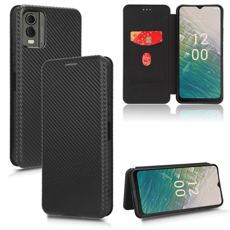 Black carbon-fiber texture flip phone case with magnetic closure; phone back and cover shown.