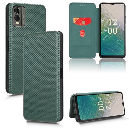 Green carbon-fiber texture flip phone case with magnetic closure; phone back and cover shown.