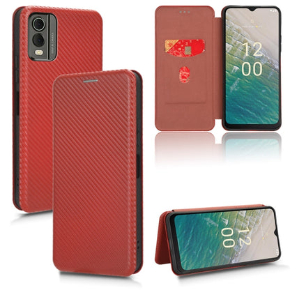 Red carbon-fiber texture flip phone case with magnetic closure and front cover view.