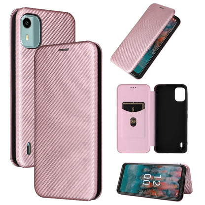 Pink carbon-fiber texture flip phone case with magnetic closure; back, front, and screen views.