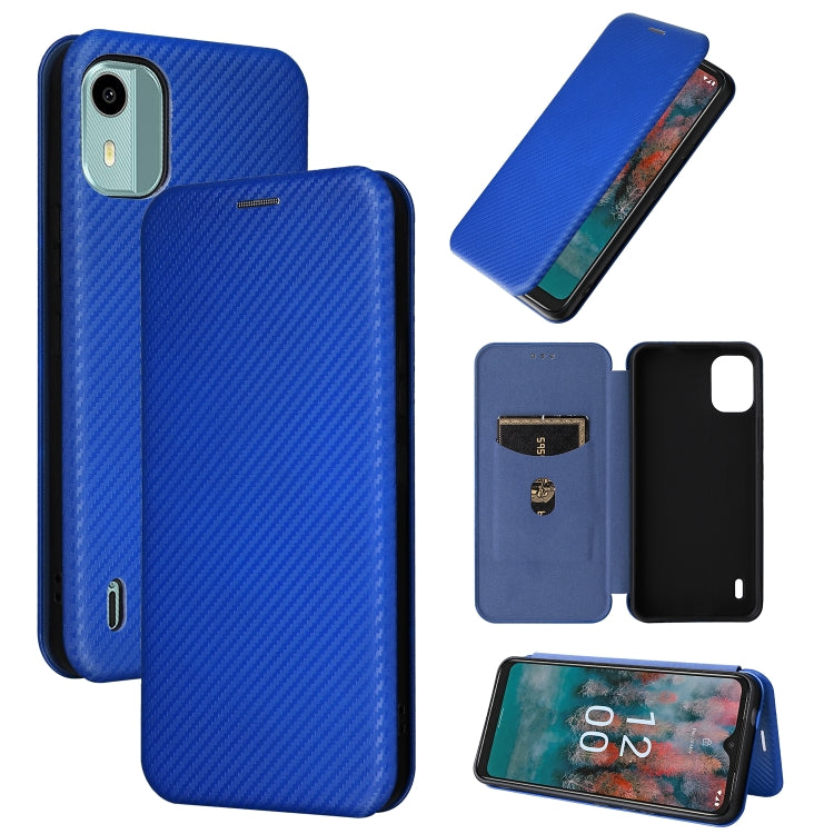 Carbon fiber textured flip phone case with card slot; blue fabric finish.