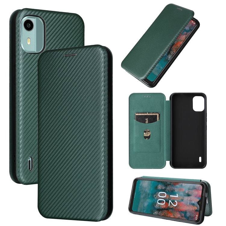 Carbon fiber textured flip phone case with card slot; dark green fabric finish.