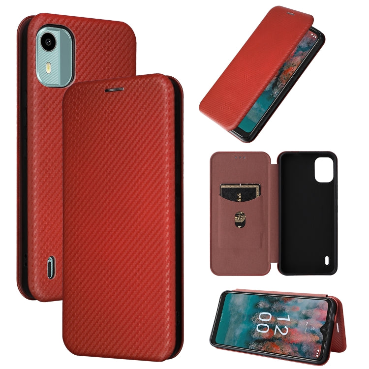 Carbon fiber textured flip phone case with card slot; red fabric finish.