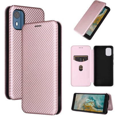 Carbon fiber textured flip phone case with card slot; light pink fabric finish.