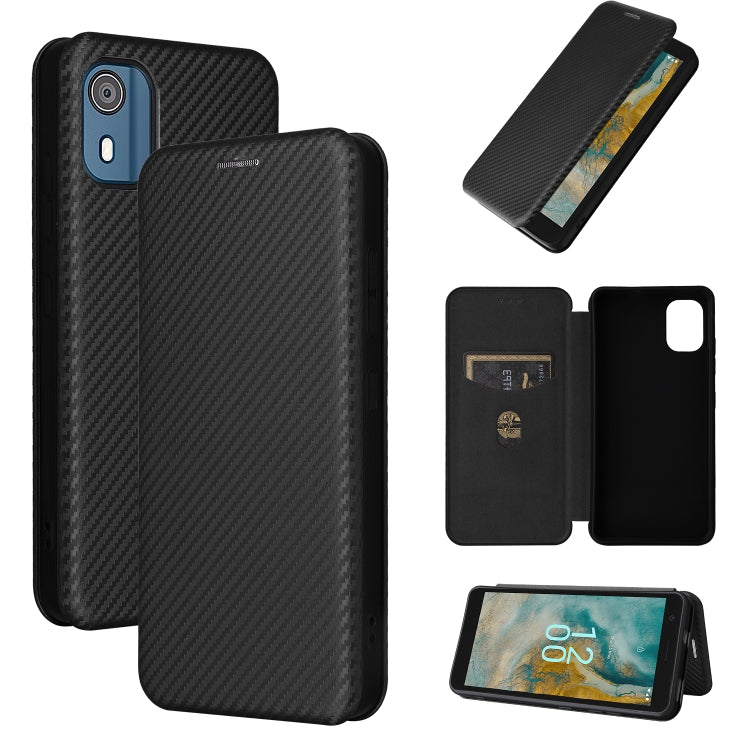Carbon fiber textured flip phone case with card slot; black fabric finish.