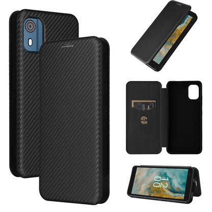 Carbon fiber textured flip phone case with card slot; black fabric finish.