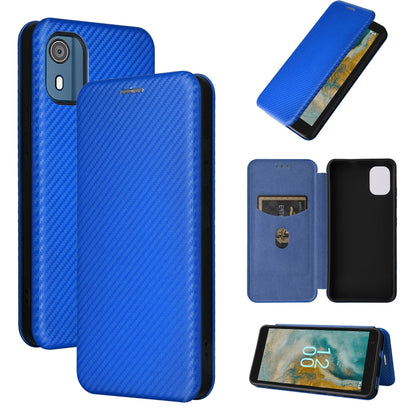 Carbon fiber textured flip phone case with card slot; royal blue fabric finish.