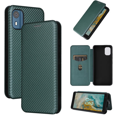 Carbon fiber textured flip phone case with card slot; green fabric finish.