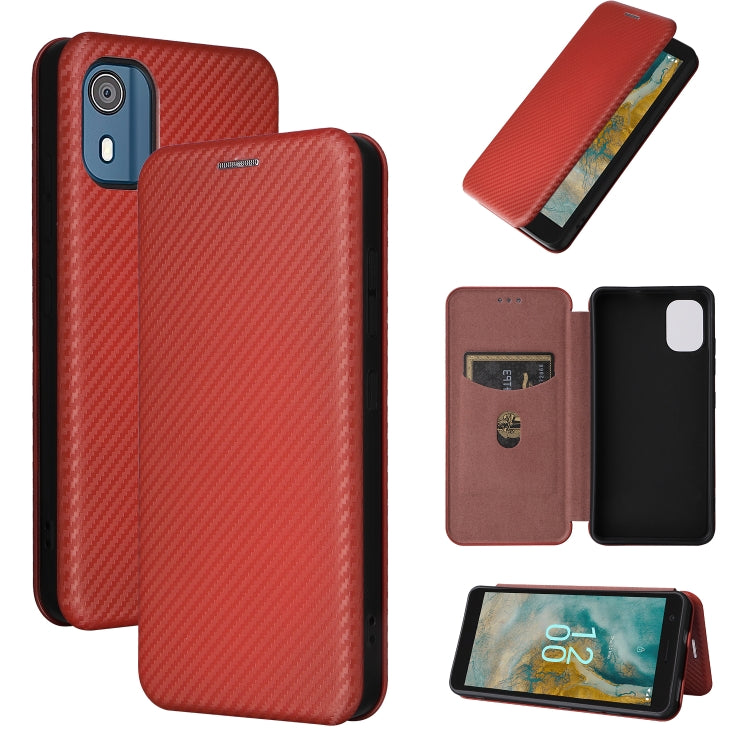 Carbon fiber textured flip phone case with card slot; rust red fabric finish.