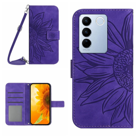 Dark purple embossed flower flip leather phone case with lanyard and card slots