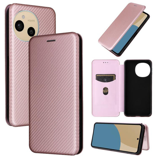 Pink flip leather phone case with carbon fiber texture, stand style with camera cutout